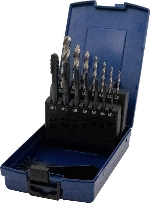 Bohrersatz, Gewindebohrer schwarz +Sprialbohrer, DIN 371/376 B, Blauring, 14 teilig