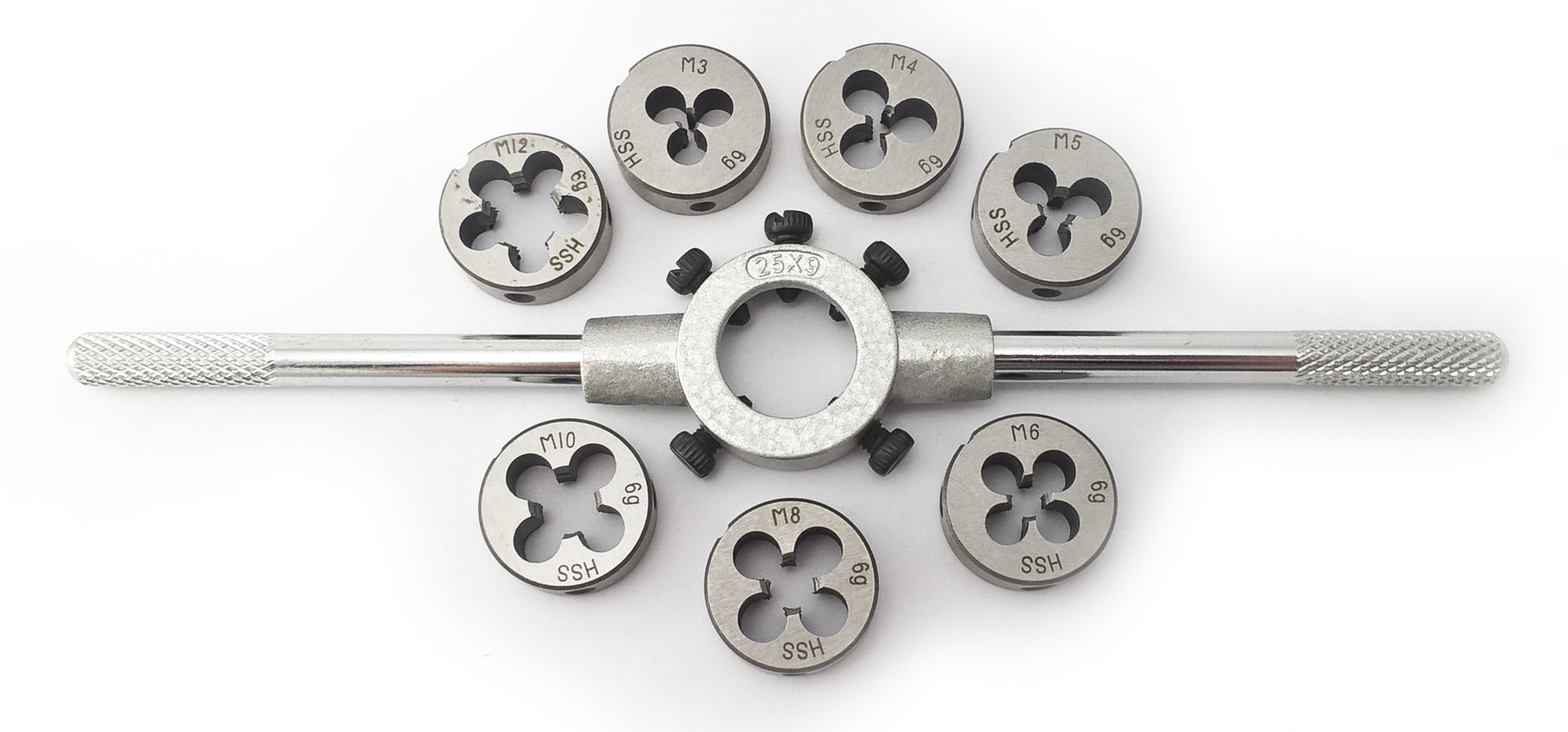 8-tlg. Schneideisen - Satz, HSS-G rund, 25 x 9 mm, M3  M12, inkl. Schneideisenhalter