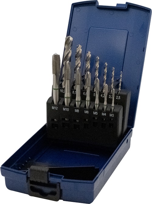 Bohrersatz, Gewindebohrer +Sprialbohrer,  DIN 371/376 B Grünring, 14 teilig
