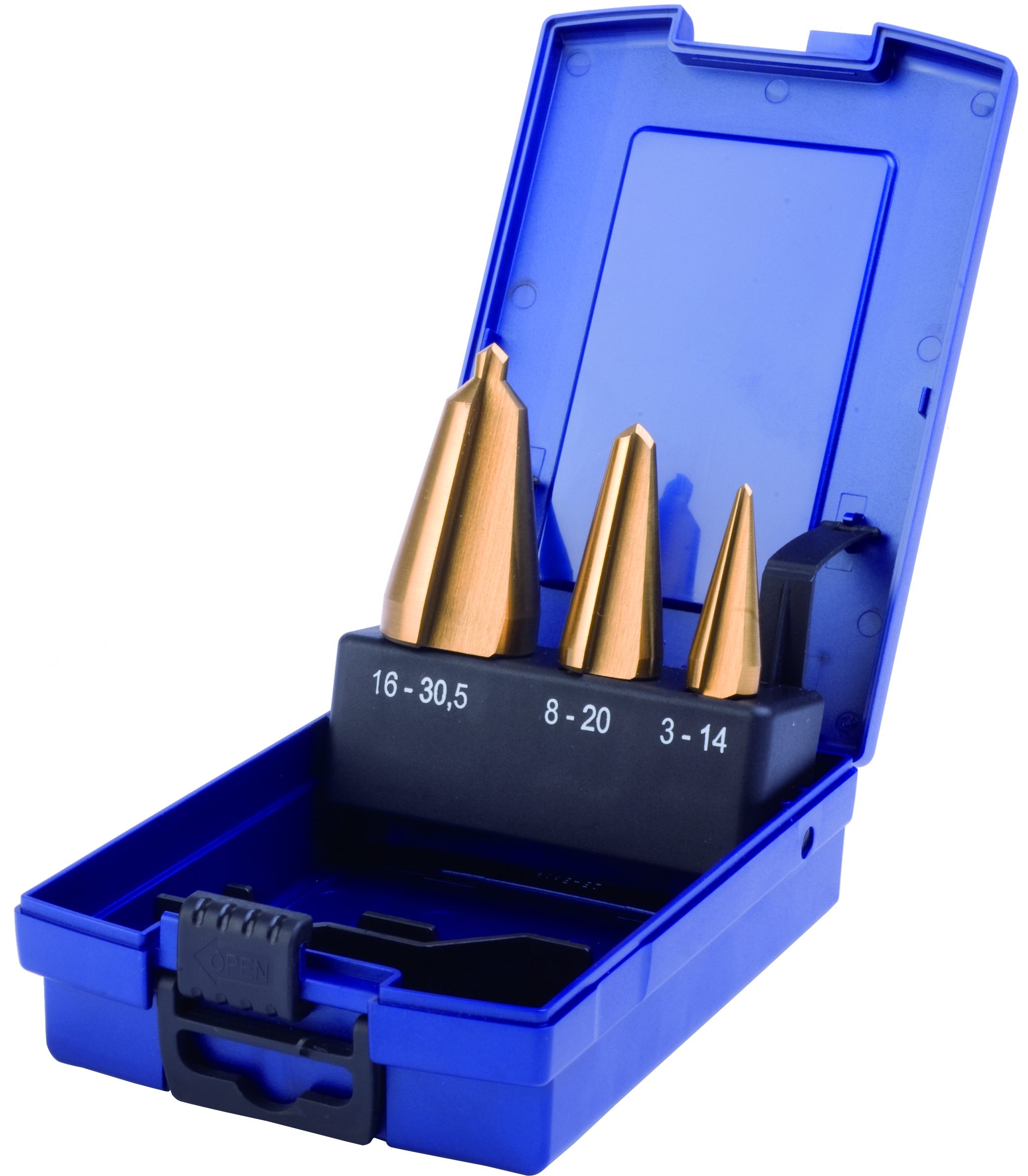 3-tlg. Satz HSS-TIN-STANDARD-Blechschälbohrer, TITAN beschichtet 3-14, 8-20 und 16-30,5 mm