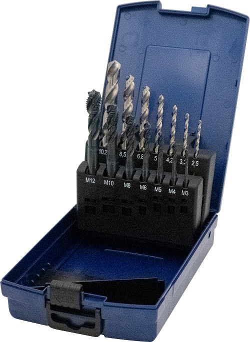 Bohrersatz, Gewindebohrer schwarz +Sprialbohrer, DIN 371/376 C, 39° RSP, Blauring, 14 teilig